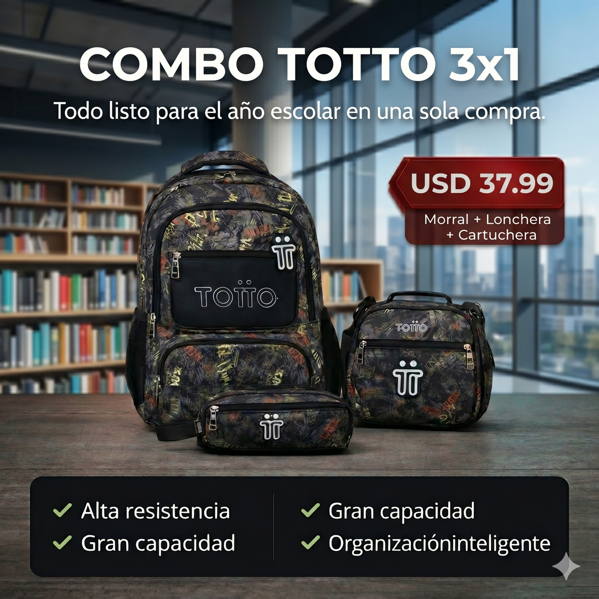 Combo Totto Trio [Bolso + Lonchera + Cartuchera]