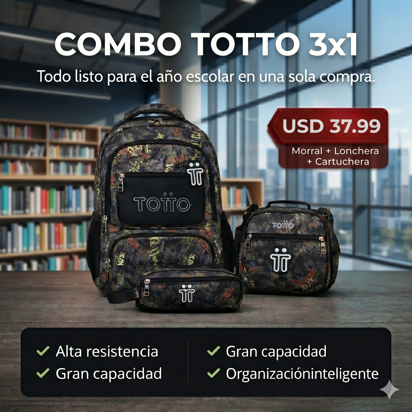 Combo Totto Trio [Bolso + Lonchera + Cartuchera]