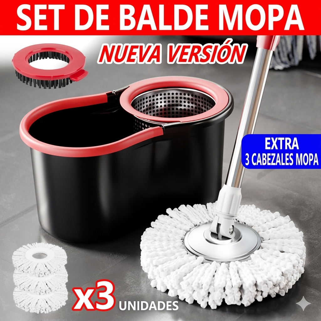Trapeador con cubeta + 2 mopas de repuesto