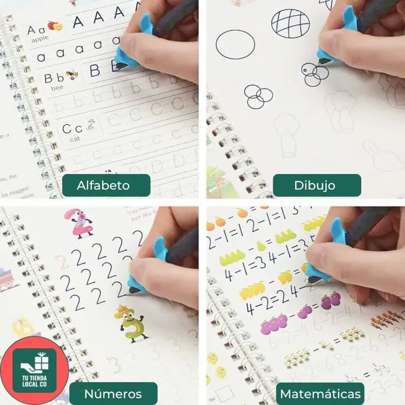 ✍️📚 ¡Super Kit de 4 Libros de Caligrafía Reutilizables con Tinta Mágica! 🧠✨