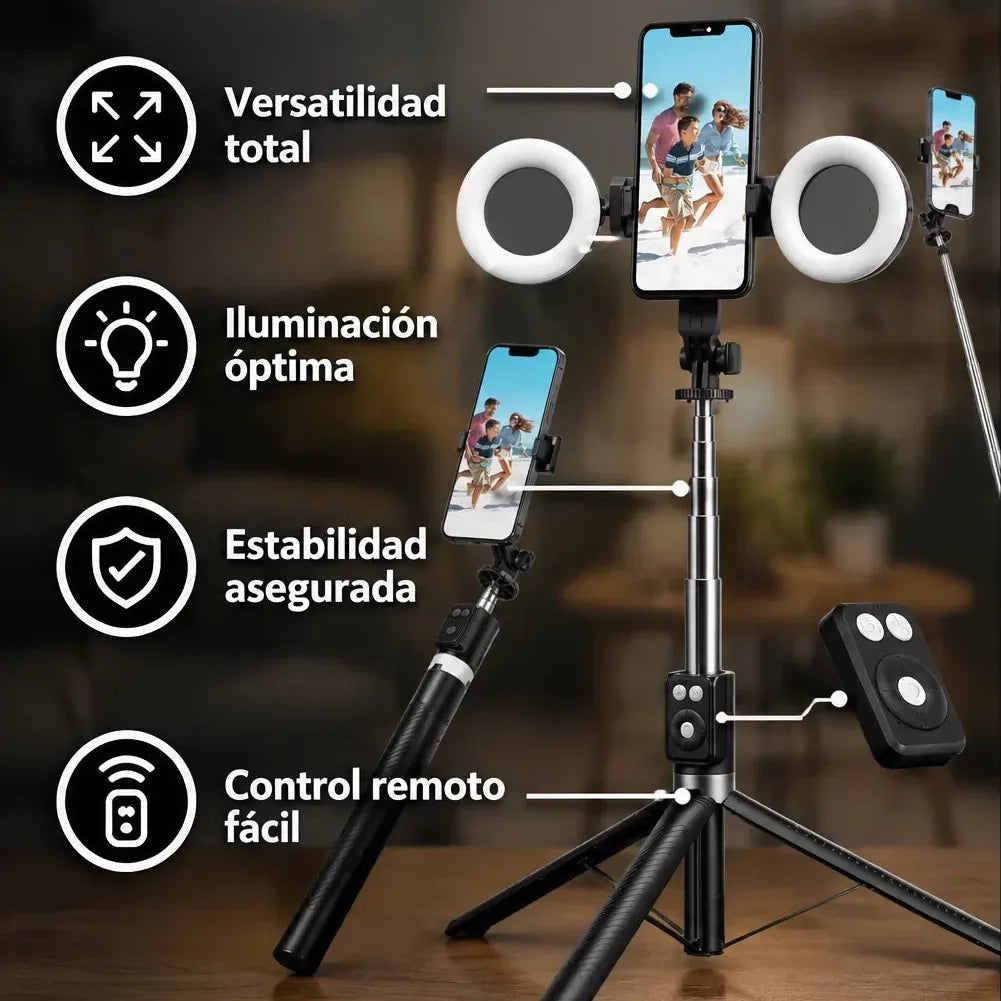 Palo selfie con trípode y luz de relleno