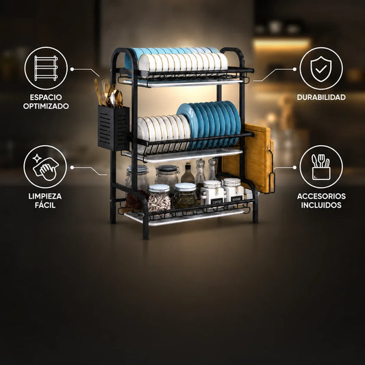 Escurridor de Platos 3 niveles inoxidable + regalos